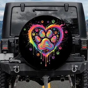 Black Neon Rainbow Heart Paw Prints - Pet Owner Lifestyle Vehicle Accessory Spare Tire Cover