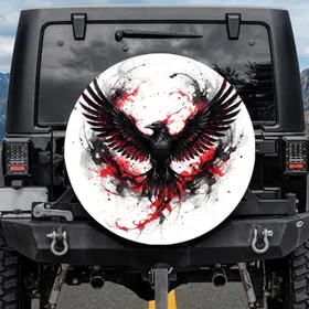 Black Raven Phoenix Creature Wings Crimson Ink - Wildlife Lover Vehicle Accessory Gift Spare Tire Cover