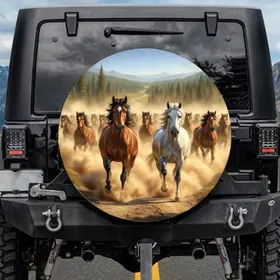 Bay Grey Wild Horses Galloping Stampede in Dusty Landscape - Wildlife Lover Gift Spare Tire Cover