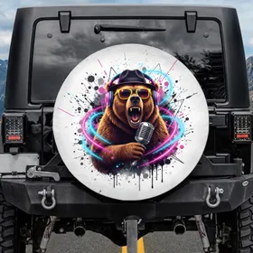 Roaring Bear Sunglasses Fedora Mic - Music Lover Car Decor Gift Spare Tire Cover