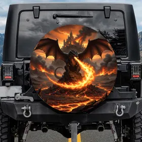 Black Dragon Fire Castle Lava Landscape - Fantasy Lover Gift Spare Tire Cover