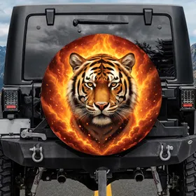 Intense Tiger Face Fiery Flames - Wildlife Lover Vehicle Decor Gift Spare Tire Cover