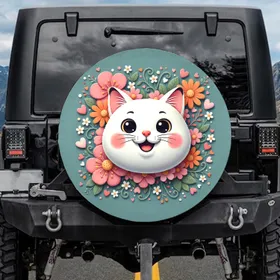 Friendly Plump White Cat Pink Orange Flowers Hearts Teal Background - Cat Lover Gift Spare Tire Cover