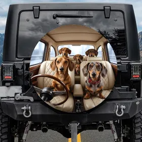 Five Dachshunds Driving Luxury Car Urban Scene - Pet Owner Auto Accessory Spare Tire Cover