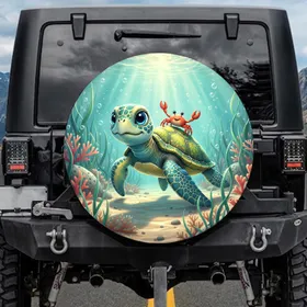 Lush Sea Grasses Coral Sea Turtle Crab Marine Environment - Aquatic Decor Gift Spare Tire Cover