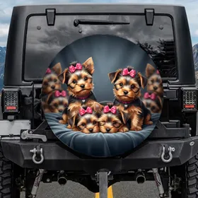 Yorkshire Terrier Puppies Pink Bows - Dog Lover Decor Gift for Pet Parents Spare Tire Cover