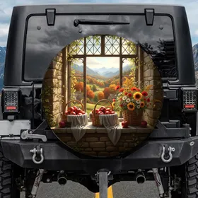 Stone Window Baskets Red Apples Wildflowers Autumn View - Farmhouse Decor Gift Spare Tire Cover