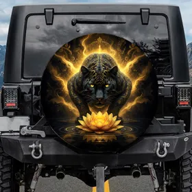 Black Panther Golden Lotus Glowing Eyes Ornate Swirls - Wildlife Lover Decor Gift Spare Tire Cover