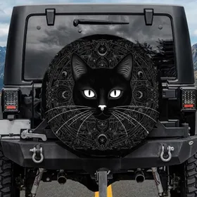 Black Cat White Eyes Whiskers Dark Cosmic Elements - Cat Lover Decor Gift Spare Tire Cover