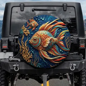 Tropical Fish Golden Coral Seaweed Quilted Fabric Spare Tire Cover