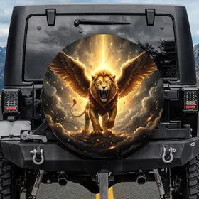 Golden Winged Lion Roaring - Fantasy Art Mythical Beast Lover Gift Spare Tire Cover