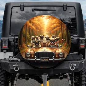 Pugs Road Trip Autumnal Forest - Dog Lover Travel Essentials Gift Spare Tire Cover