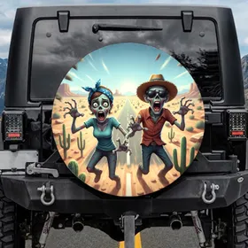Screaming Zombies Desert Road Trip - Horror Fan Travel Gift Spare Tire Cover