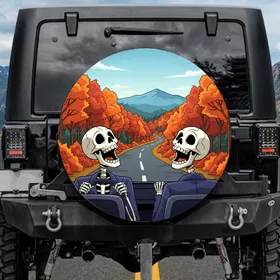 Excited Skeletons Driving Autumn Mountain Scene - Road Trip Enthusiast Gift Spare Tire Cover