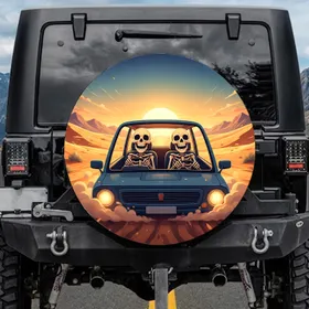Joyful Skeleton Driver Passenger Desert Road Trip - Outdoor Adventure Travel Essentials Spare Tire Cover