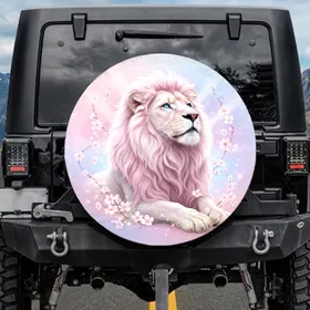 Majestic White Lion Pink Mane Gold Glitter Celestial Sparkles - Magical Wildlife Lover Gift Spare Tire Cover