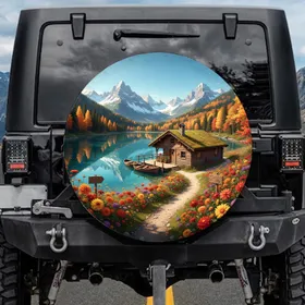 Autumn Mountain Lake Cabin Dahlias Asters - Nature Lover Gift Spare Tire Cover