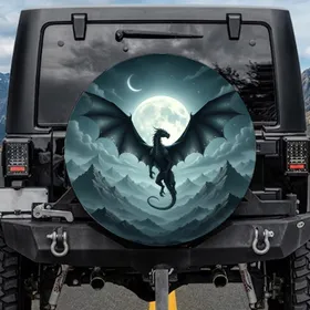 Majestic Winged Dragon Full Moon Mountain Night Sky - Fantasy Lover Gift Spare Tire Cover