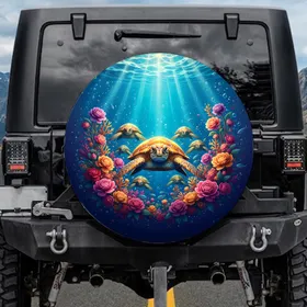 Golden Sea Turtle Underwater Garden Coral Reef - Ocean Lover Decor Gift Spare Tire Cover