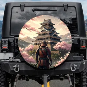 Samurai Warrior Dark Armor Japanese Castle Cherry Blossoms Mountain Scenery - Japanese Art Lover Gift Spare Tire Cover