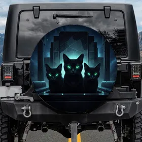 Sleek Black Cats Glowing Emerald Eyes Mysterious Lounge - Cat Lover Decor Gift Spare Tire Cover