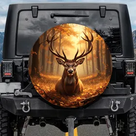 Large Antlered Buck Golden Autumn Forest Dappled Light - Wildlife Lover Gift Spare Tire Cover