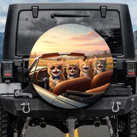 Smiling Cats Road Trip Vehicle Interior Sunset - Adventure Lover Gift for Cat Lover Spare Tire Cover