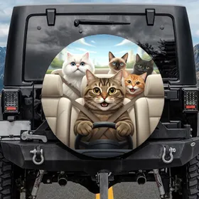 Expressive Cats Road Trip Adventure Automotive Decor for Cat Lover Spare Tire Cover