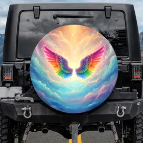 Rainbow Angel Wings Sparkling Cloudscape Spare Tire Cover