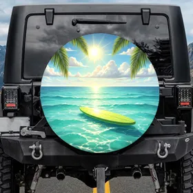 Sparkling Tropical Ocean Surfboard Palm Fronds - Beach Lover Travel Essentials Spare Tire Cover