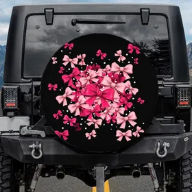Pink Fuchsia Bows White Polka Dots on Black Background - Outdoor Vehicle Accessory Gift for Women Spare Tire Cover