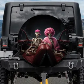 Skeletons Pink Wig Fur Stole Deep Red Vintage Car - Classic Car Lover Gift Spare Tire Cover