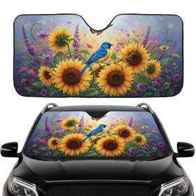 Sunflower Blue Bird Monarch Butterfly Wildflower - Wildlife Lover Decor Gift Car Sunshade