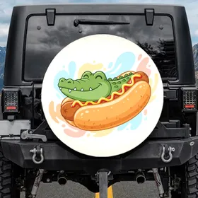 Green Alligator Hot Dog Bun Mustard Ketchup - Foodie Gift Spare Tire Cover