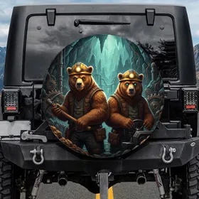 Intrepid Grizzly Bear Miners Deep Cavern - Adventure Lover Gift for Men Spare Tire Cover