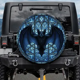 Black Bat Outstretched Wings Gothic Stained Glass - Decor Gift for Bat Lovers Spare Tire Cover
