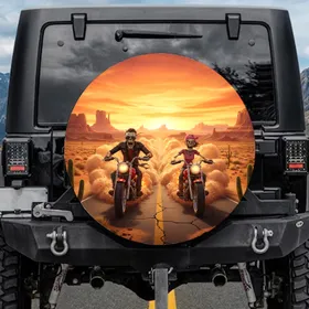 Shouting Zombie Skeleton Motorcycle Riders Desert Sunset - Motorcycle Rider Gift Spare Tire Cover