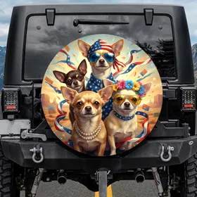Five Chihuahuas American Flag Bandana Flower Crown - Independence Day Gift for Dog Lover Spare Tire Cover