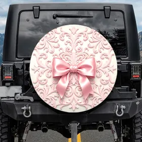 Opulent Rococo Scrollwork Baroque Filigree Light Pink Satin Bow Spare Tire Cover