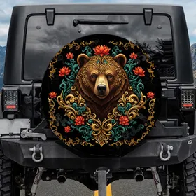 Brown Bear Filigree Lotus Flowers - Wildlife Lover Gift Spare Tire Cover