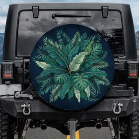 Banana Palm Monstera Tropical Leaves Gold Accents Spare Tire Cover