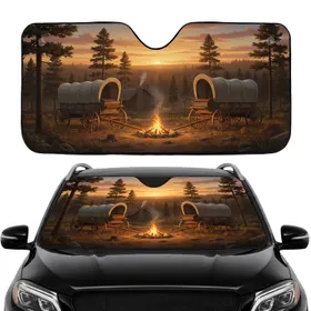 Pioneer Wagons Campfire Western Sunset - Adventure Travel Gift Car Sunshade