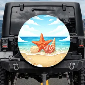 Starfish Conch Seashells Beach Ocean Clouds Spare Tire Cover