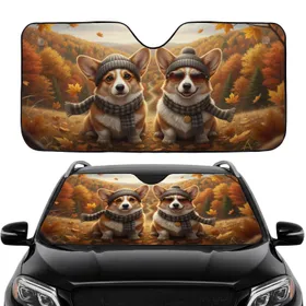Two Corgi Dogs Beanie Scarf Sunglasses Autumn Landscape - Fall Season Dog Lover Gift Car Sunshade