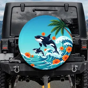 Leaping Orca Whales Tropical Ocean Waves Palm Hibiscus - Wildlife Lover Gift Spare Tire Cover