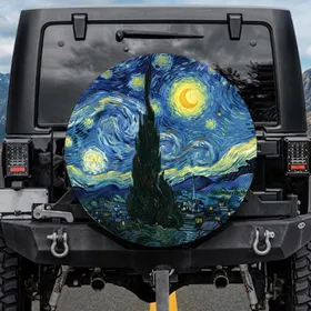 Dark Cypress Tree Swirling Night Sky Crescent Moon Stars Village - Star Gazer Gift Spare Tire Cover