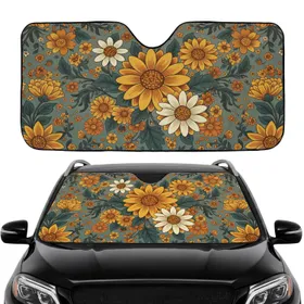 Vintage 70s Floral Daisies Swirling Leaves - Boho Lifestyle Decor Car Sunshade