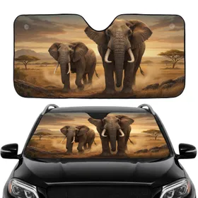 Two Majestic African Elephants Golden Hour Savanna Landscape - Wildlife Lover Gift Car Sunshade