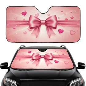 Pink Ribbon Bow Floating Hearts Glitter - Daily Driving Accessory Car Sunshade