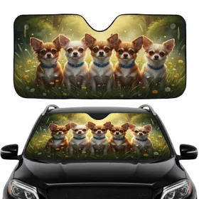 Six Chihuahuas Wildflower Meadow Botanical - Dog Lover Car Accessory Gift Car Sunshade